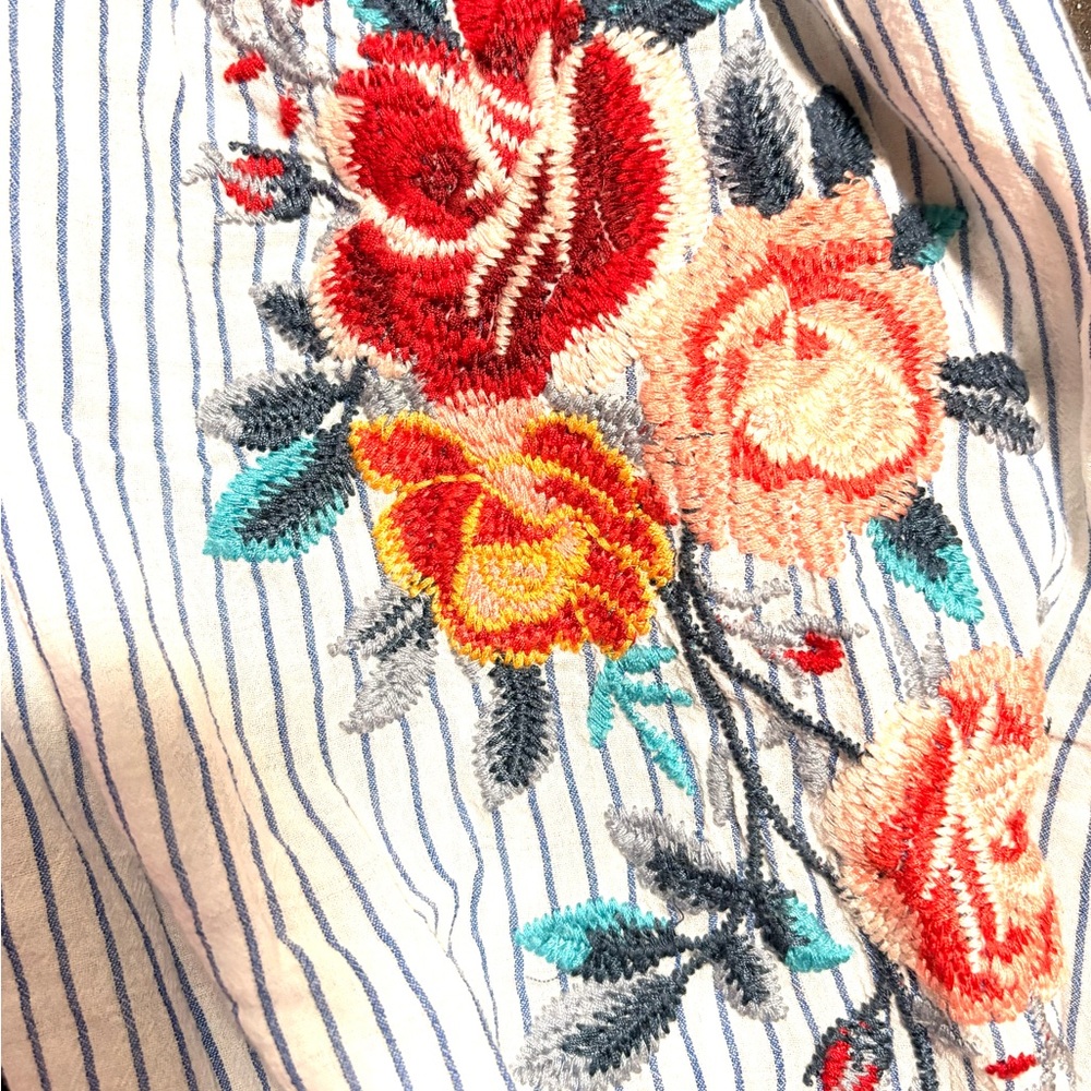 Johnny Was Blue and White Striped Embroidered Colorful Blouse - Picture 6 of 9